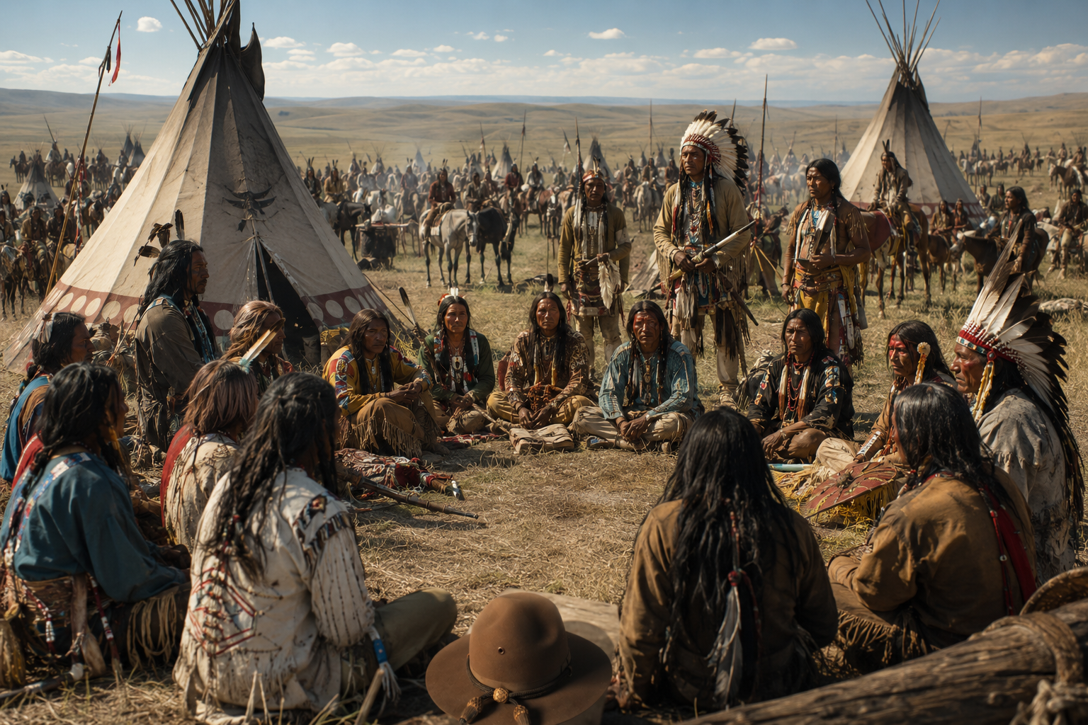A large Lakota council seated in a circle on the open plains, with lodges, mounted riders and a broad-brimmed hat in the foreground